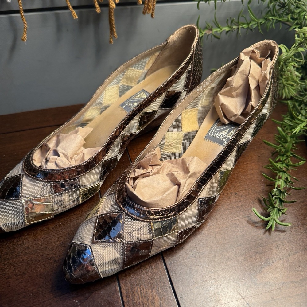 VTG J Renee 70's Snakeskin Metallic Leather Cutout Mesh Wedge Shoes NEW! Size 7